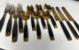 Vintage Mid-Century Brass and Black Buffalo Horn Handle Flatware Set